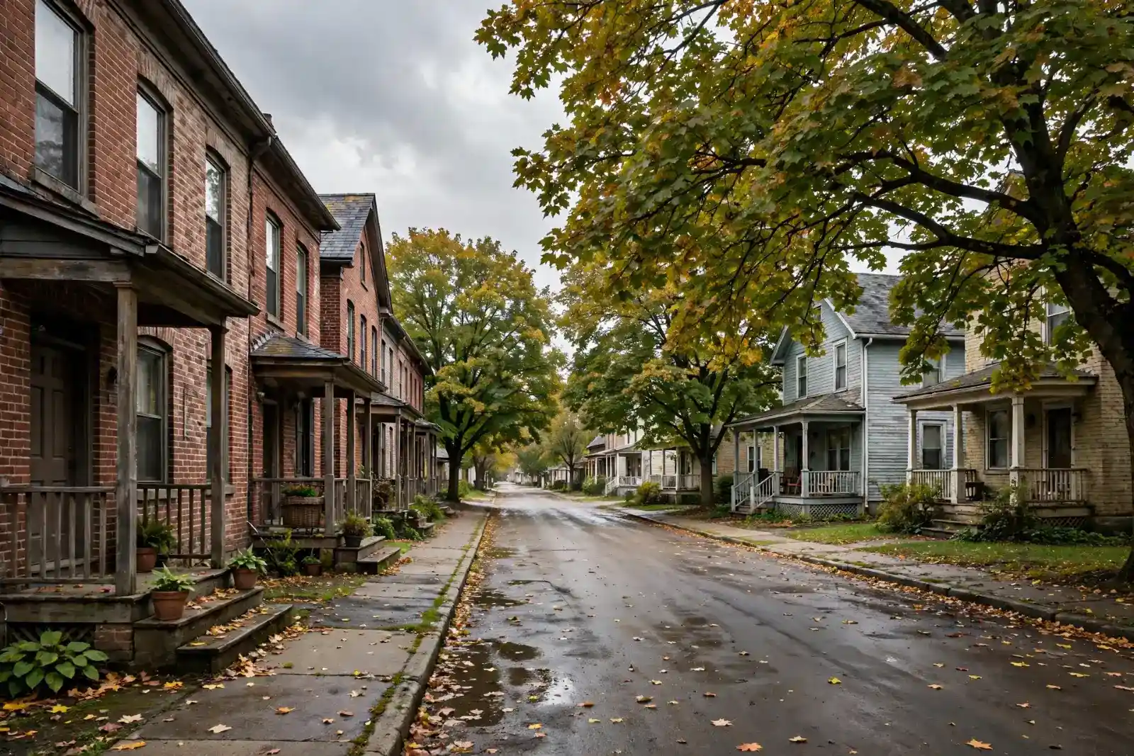 Brick rowhouses on a tree-lined side street