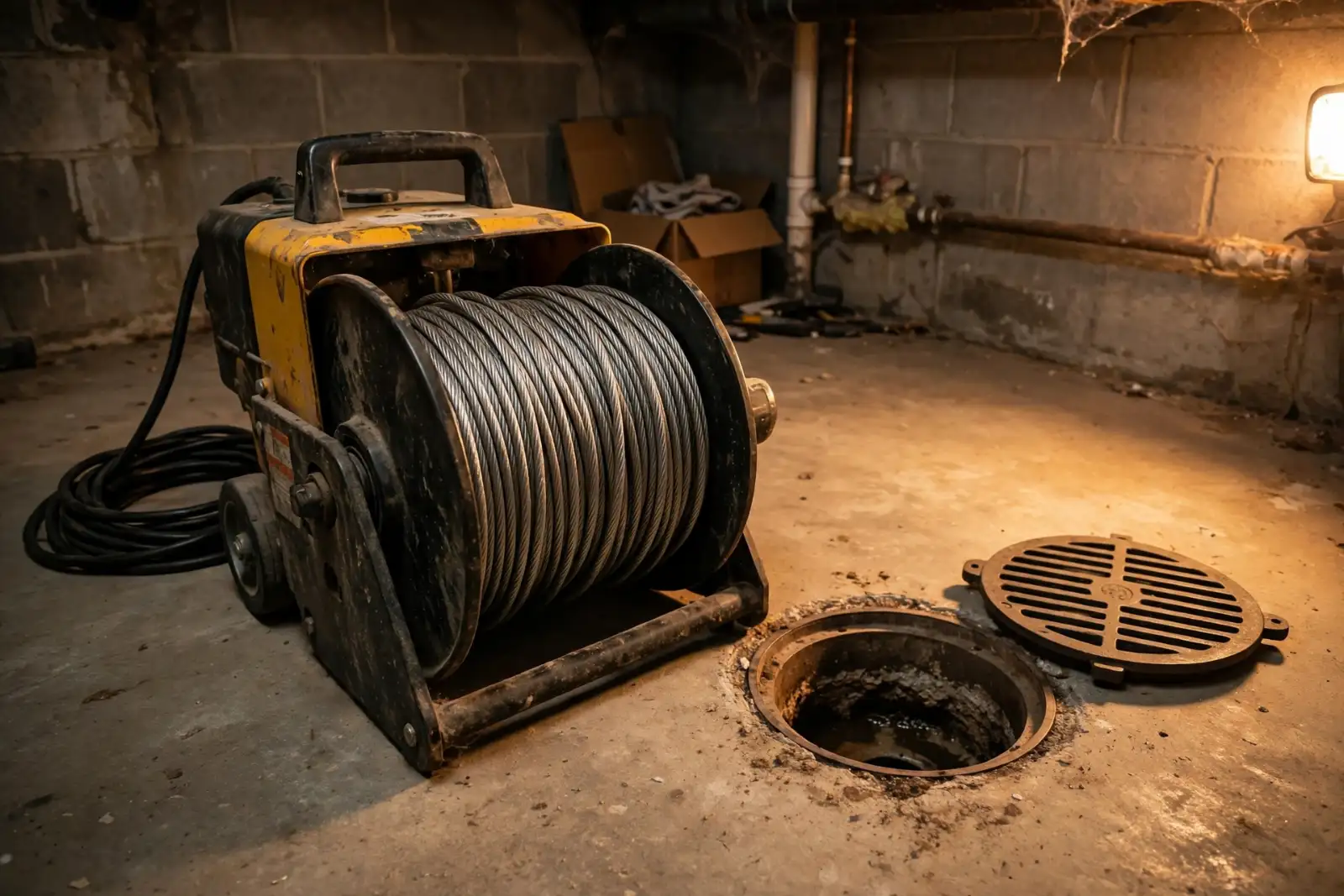 Drain cleaning machine with coiled cable beside a basement floor drain